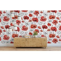 Rote Und Weiße Mohnblumen Abnehmbare Tapete, Wandkunst, Tapete Zum Abziehen Aufkleben, Wandbild, Akzentwand, Bürodeko, Mw1833 von Mywallimages
