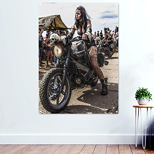 Biker Girl Motorrad Rider Wandkunst Poster und Drucke Banner Flagge Gemälde für Männer Höhle Teenager Jungen Zimmer Dekor Wandteppich 96 x 144 cm (38 x 57 Zoll) von N\A
