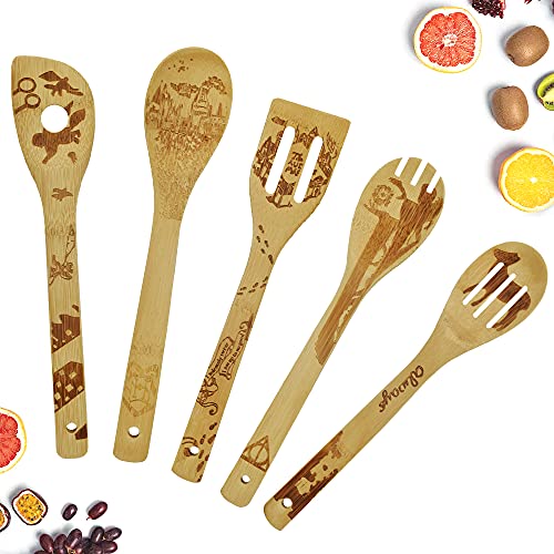 GIRAFEDA 5 Stück Bambus Utensilien Set - Magisch Muster Kochutensilien, Holzlöffel, Natürlich Kochbesteck, Antihaft Kochgeschirr, Kochlöffel, Spatel, Pfannenwender Zum Kochen von GIRAFEDA