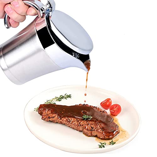 GIRAFEDA Sauciere Edelstahl Soßenkanne Thermo Milchkännchen mit Deckel Sauce Kanne Silber Servierkanne 500ml Isoliert Sauciere mit Griff Soßenkanne für Soße Sahne Sauce Senf Mayonnaise von GIRAFEDA