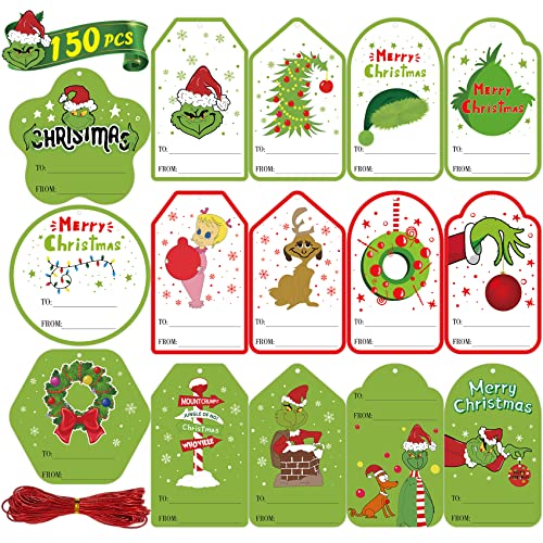 Geschenkanhänger für Weihnachten, 150 Stück, Grinch-Geschenk mit Schnur angebracht, Weihnachtsgeschenkanhänger für Geschenke, Feiertage, Grinchmas, Geschenkverpackung von N\A