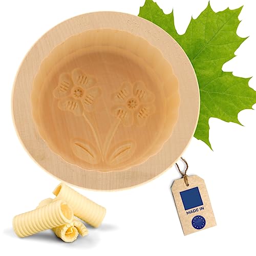 HOFMEISTER® Butterform, für 250 g Butter, 11 cm, Klee, handgeschnitzt in Deutschland, Butter-Form zum Dekorieren, runde Sturz-Form, Butter-Model aus heimischem Ahorn-Holz von Hofmeister Holzwaren