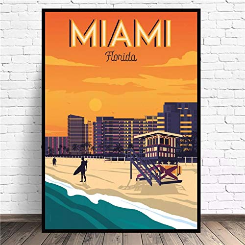 N/Ａ Poster Drucken Miami Beach Travel Art Leinwand Poster Druckt Home Wall Decor Gemälde Leinwand Ölgemälde Poster Modernes Wandbild Esszimmer Dekoration von N/Ａ