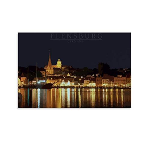 NA Leinwandbild Flensburg Nacht-Panorama-Kunstdruck, Vintage-Reise-Poster, Bild für Zuhause, Büro, dekorative Poster, 60X90cm Kein Rahmen von N\\A