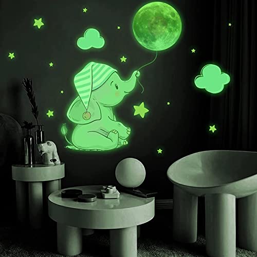 NA Qazuwa Cartoon Elefant Mond Stern kreative Fluoreszierende Wandaufkleber Sternenhimmel Aufkleber Leuchtsterne Wandsticker für Halloween Mädchen und Jungen Kinder Schlafzimmer Dekoration von N\A