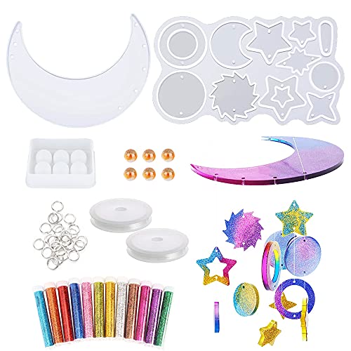 Woohome 17 Stück Mondsterne Windspiele Gießform Resin Form, Mond Stern Schmuck Epoxidharz Silikonform mit Pailletten für DIY Basteln Windspiele, Heimtextilien, Geschenk von Woohome