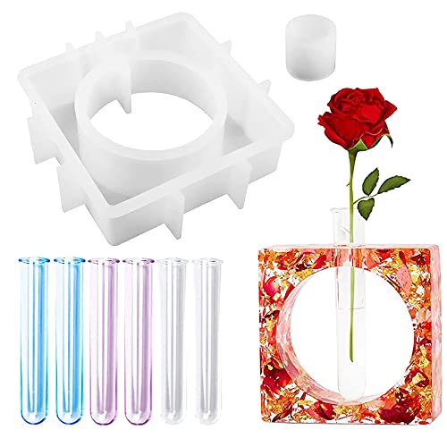 Woohome Blumenvase Silikonform Silikonformen Epoxidharz Pflanzgefäß Gießformen Vase Resin Form mit 6 Stück Acryl Reagenzgläser für Hydrokulturpflanzen, Heim Büro Dekor, Quadrat von Woohome