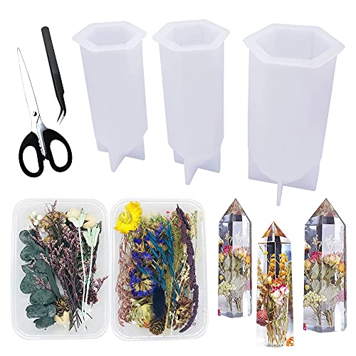 Woohome Kristallturm Schmuck Epoxidharz Silikonform, 3 Stück Wirbelkörper Gießform Resin Form Turm Silikonform für Schmuck mit 2 Pack Trockenblumen, Schere, Pinzette für DIY Harzblumen Kristalle von N\A