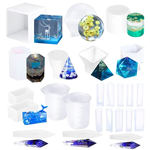 24 Stück Kristall Silikonform Gießform Pendel Kristall Resin Form Kit, Pyramide Schmuck Silikonform Kugel Streifen Kegel Zylinder Harz Formen Silikon für Schmuckherstellung von cutefly
