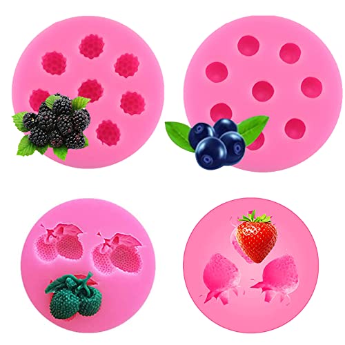 Woohome Silikon Formen für Fondant Backen 4 Stück Heidelbeere Raspberry Silikon Formen, Erdbeere Litschi Fondant Kuchen Dekorieren Formen für Fondant, Schokolade, Süßigkeiten, Cupcake von N\A