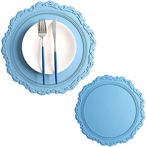 Große runde geprägte Tischsets 34 cm Set von 2 Stück Esstisch Dicke Silikon Platzsets Hitzebeständig rutschfest und wasserdicht (Blau) von N\C