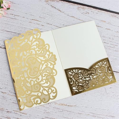 N C Einladungskarten für Hochzeit, dreifach gefaltet, mit Laserschnitt, 12,5 x 18,5 cm, Gold, nur Einladungshülle, 50 Sets von N\C