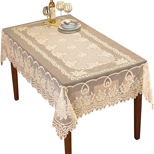 NC NC AMIPOS Spitzendeckchen Beige Häkelspitze – waschbare Tischdecke aus Polyester Jacquard für Esstisch, Hochzeit, Restaurant, Bankett, Picknick – Beige, 152 x 228 cm von N\C