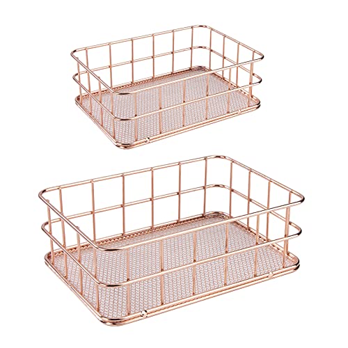 HOLEMZ Schreibtisch Organizer Metall Aufbewahrungskorb Rotgold Haushalt Aufbewahrungsbox Kleine für Küchen Regal, Badezimmer, Office, Kosmetik 2Pcs von HOLEMZ