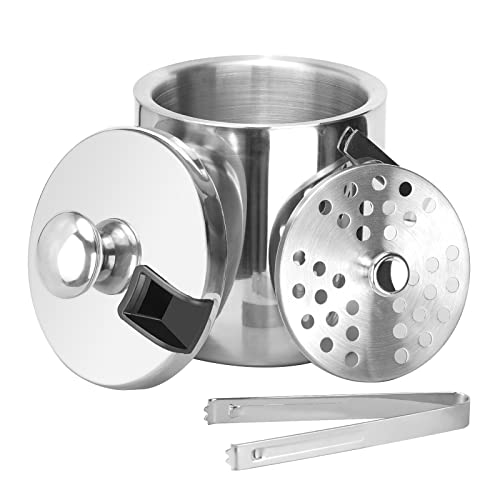 Sunmeyke Doppelwandiger isolierter Eiskübel aus Edelstahl (1,3 Liter), Mini-Eiskübel für Cocktailbar und Partys, mit Deckelsieb und Zange von N\C