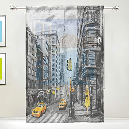 RXYY Voile-Vorhang für Fenster, transparent, für Mann und Frau, gelbes Taxi, New York, Ölgemälde, für Küche, Wohnzimmer, Dekoration, Schlafzimmer, Tür, Büro, 140 x 213 cm, 1 Stück von N/E