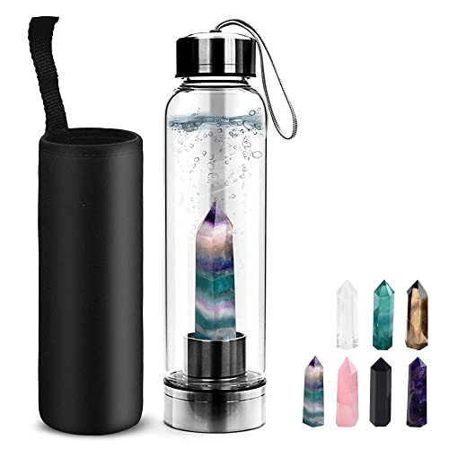 Tyuodna Wasser Heilsteine Flasche, Crystal Infusion Trinkflasche, Heilende Natürliche Wasserflasch, Auslaufsichere Quarz-Kristall Glas, Kristalltherapie, Edelsteinflasche (Bunter Fluorit+Flasche) von N\P