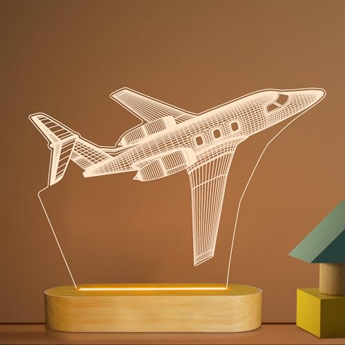 Flugzeug Nachtlicht 3D Illusion Lampe,Weiche warme Farben Holz Tischlampe für Jungen Pilotengeschenke mit USB Strom… von Lightzz