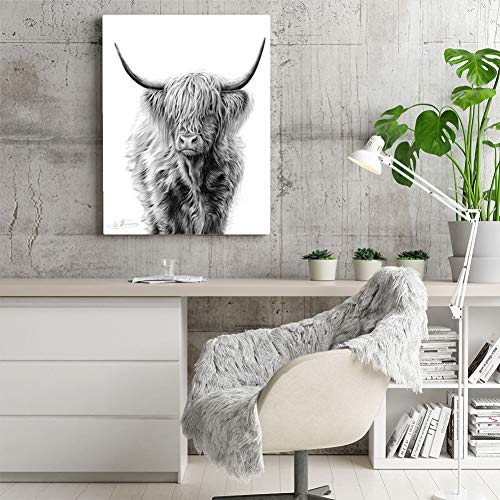 Leinwand-Dekorativer Druck, Wandbild, Schwarz-Weiß, Highland-Kuh, Rinder, nordisches Poster, Leinwandbild, Poster und Drucke, Tier-Bild für Wohnzimmer, 60 x 80 cm von N / A
