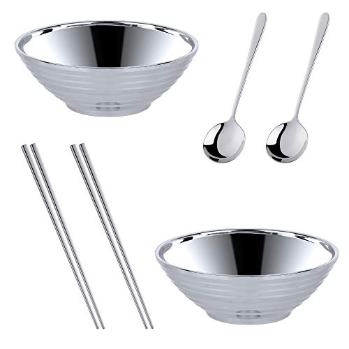 Meisha 2 Ramen Schüssel-Set, Silber Edelstahl Nudel Suppenschalen Set mit Essstäbchen, Suppe Bouillon Löffel Set für Nudeln, Pho, Nudel, Udon, Thai, Chinesisches Geschirr (6 Stück) von N / A