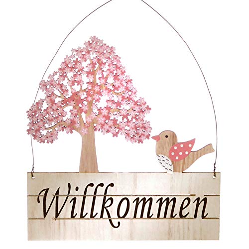 N / A Holzschild Willkommen Kirschblüte mit Vogel 22x26 cm Türschild Hängedeko Schild von N / A