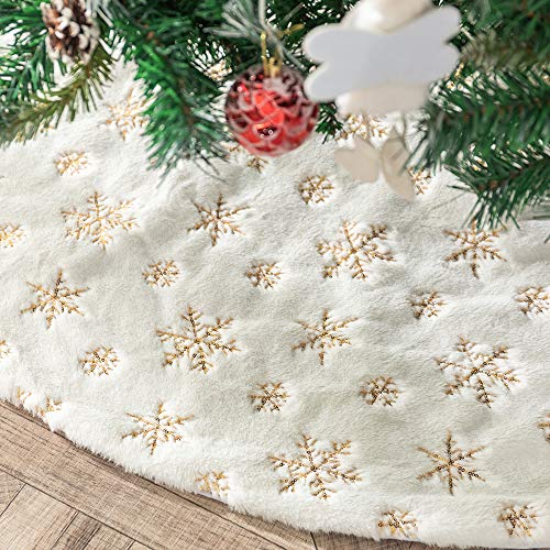 N /A Henrey Tech Weihnachtsbaumdecke Christbaumdecke Weißes Kunstfell Gold Glitter Schneeflocke 90 cm für Weihnachtsbaumdekoration von N /A