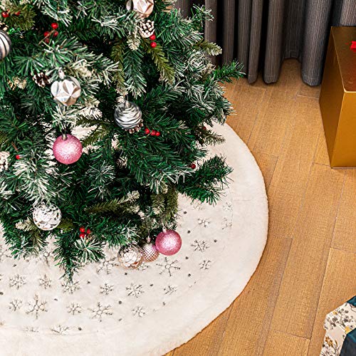 Weiß Weihnachtsbaum Röcke mit Silber Schneeflocken, 90cm Plüsch Weihnachtsbaumrock mit Kunstfell Runde Rand Christbaumständer Baum Decke für Weihnachten Neujahr Party Dekorationen (Silber, 48 Zoll) von N /A