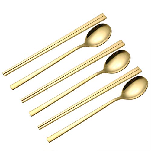 Koreanisches Metall-Essstäbchen und Löffel-Set mit langer Hand und brünierter Oberfläche, strapazierfähiges Edelstahl-Besteck, spülmaschinenfest, 3-teiliges Set (Gold) von N-A