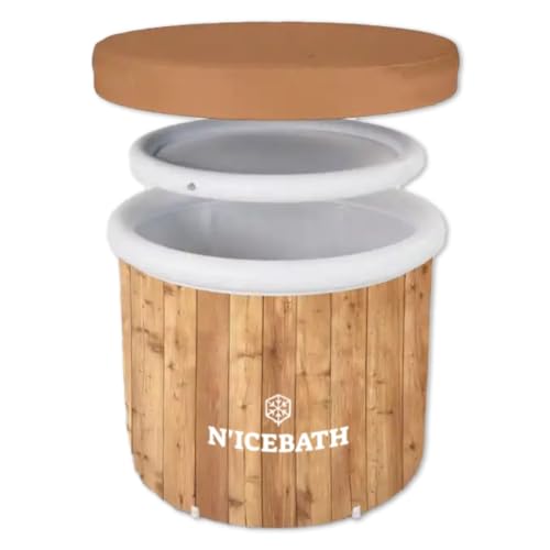 N'ICEBATH RefreshPod (80 cm Ø x 75 cm) Eisbad Eistonne Erwachsene für Profis, Sportler und Athleten mit Schutzhülle für Outdoor und Indoor in einzigartiger Holz-Optik von N'ICEBATH