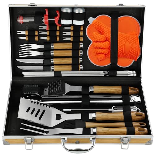 N NOBLE FAMILY Premium Grillzubehör Set mit Bambusmaserung Glatter Griff - 30PCS Edelstahl Grill Set mit Bambus Korn Koffer - Einzigartige Grillbesteck im Koffer Geschenk für Männer Frauen von N NOBLE FAMILY