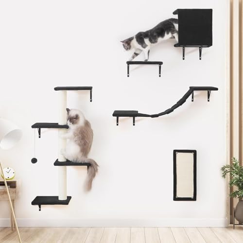 Kletterwand Katzen Set - 5-teiliges Katzen-Wandregale, Stabiler Holzkletterer für Katzen, Wandpark mit Katzenhaus, Katzenbrücke, Katzenbaum, Katzentreppe und Kratzbrett für Katzen bis zu 10 kg von N NORA TWIPS