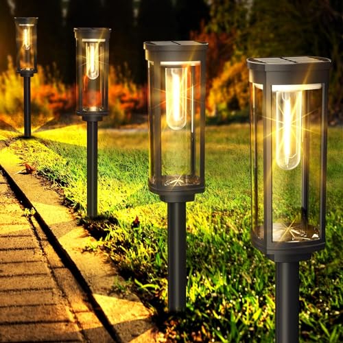 Solarlampen für Außen Garten, Wasserdichte Solarleuchten mit Warmweißem Wolfram-Licht, Winterfeste Gartenlampen mit Automatischem Ein/Aus für Außenbereiche wie Terrasse, Rasen, Hof und Wege (4 Stück) von N NORA TWIPS