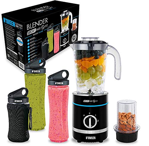 N'OVEEN Fitness Mixer Smoothie Maker, Standmixer, 500 Watt Multifunktions Sport Mixer – vitaminreiche und leckere Snacks für Sportler, 6-armige Klinge, 3 BPA-freie, 2x 600 ml & 300 ml von N'OVEEN