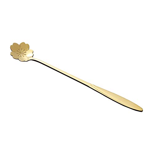 N-R Rührlöffel aus Edelstahl mit langem Griff, Blume, Herz, Eis, Dessert, Kaffee, Löffel – Goldene Kirschblüte von N-R