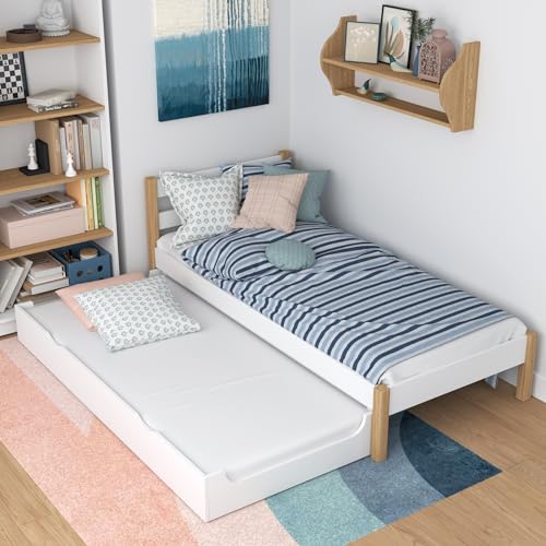 N-Wood N01 Bett mit Schublade 80x200 cm, Doppelbettfunktion, Einzelbett für Kinder, Jugendliche und Erwachsene, aus Massiv Eichenholz, abgerundete Kanten, empfohlen für Allergiker und Asthmatiker von N-Wood