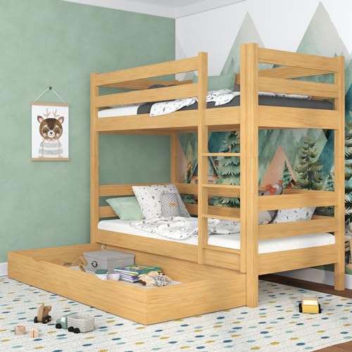 N-Wood N01 Etagenbett mit Schublade 90x200 cm, Kinderbett für 2 Kinder, 2 Leitermontageseiten: Links oder rechts, abgerundete Kanten, Stabile Massivholzkonstruktion, inklusive Lattenrost, Naturkiefer von N-Wood