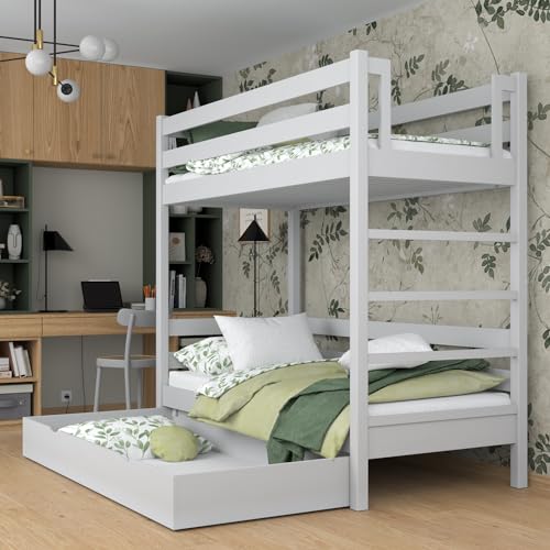 N-Wood N03 Etagenbett mit Schublade 90x200 cm, Kinderbett Holz 100%, 2 Leitermontageseiten: Links oder rechts, sichere abgerundete Kanten, Hochwertige und umweltfreundliche Lacke, Grau von N-Wood