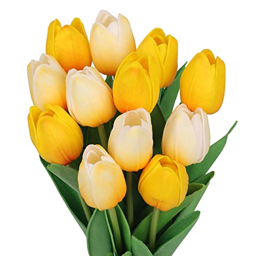 N&T NIETING 12 Stück künstliche Tulpen, Tulpen-Kunstblumen mit realistischem Touch, Kunstblumen für Hochzeitssträuße, Tischdekoration, Heim-Deko im Boho-Stil（Gelb und weiß） von N&T NIETING