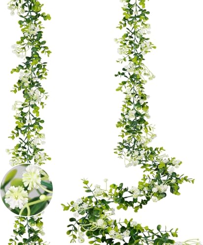 N&T NIETING 2 Stück Eukalyptus Girande mit Blumen, 6FT Künstliche Giranden Gefälschte Hängende Girande Blätter Grüne Girande für Hochzeit Hintergrund Bogen Wand Tisch Party Indoor Outdoor Dekor von N&T NIETING