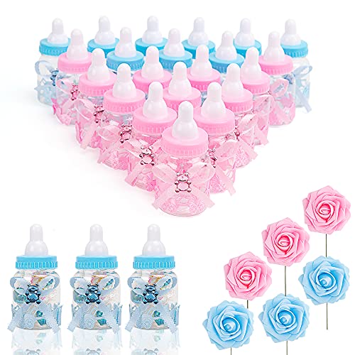N&T NIETING 24 Stück Süßigkeiten Flaschen, Babyparty Flaschen mit 5 Stück künstlichen Blumen Roses, Mini Candy Bottle Candy Flaschen Geschenkbox für Baby Shower Party Deko(Rosa&Blau) von N&T NIETING
