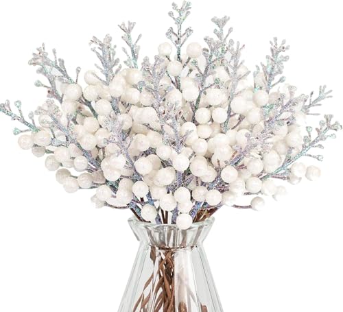 N&T NIETING Künstliche Beere Weihnachten Deko, 24 Stück Glitter Künstliche Holly Beeren Stämme für Weihnachten, Blumensträuße, Kranzdekorationen, Heimdekoration, Weihnachtsbaum Dekoration, Weiß von N&T NIETING