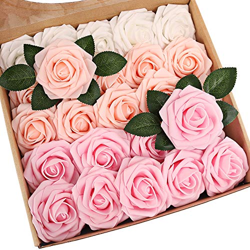 N&T NIETING Künstliche Blume Rosen, 25 Stück Deko Blumen Fake Rosen mit Stielen DIY Hochzeit Blumensträuße Braut Babydusche Party Zuhause Dekoration, Series Rosa von N&T NIETING