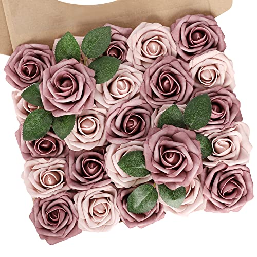 N&T NIETING Künstliche Blumen, 25 STÜCKE Echte Rosenblüte mit Stiel für DIY-Hochzeitssträuße, Brautparty-Mittelstücke, Blumenarrangements, Partytische, Heimdekorationen (warmes Taupe und Nude) von N&T NIETING