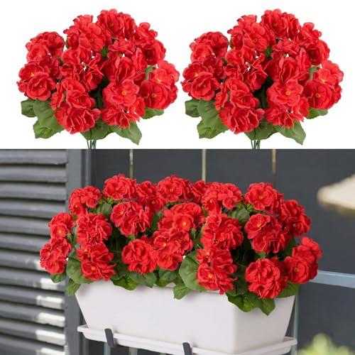 N&T NIETING Künstliche Blumen Geranium kunstblumen, 4 Bündel Geranien Blumen Künstlich Seidenblumen UV-beständige Faux Rote Geranien für Außenhaus Garten Balkon Tisch Dekor von N&T NIETING