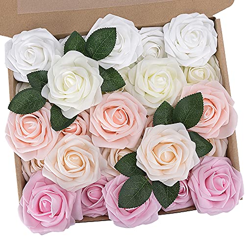 N&T NIETING Künstliche Blumen Rosen, 25 Stück Deko Blumen Fake Rosen mit Stielen DIY Brautjungfer Brautsträuße, Valentinstag, Muttertag, Hochzeitsfeier, Babyparty, Zuhause Dekoration, Mischfarben D von N&T NIETING