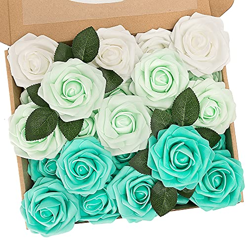 N&T NIETING Künstliche Blumen Rosen, 25 Stück Deko Blumen Fake Rosen mit Stielen DIY Brautjungfer Brautsträuße, Valentinstag, Muttertag, Hochzeitsfeier, Babyparty, Zuhause Dekoration, Gemischtes Grün von N&T NIETING