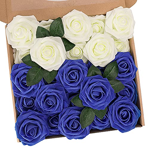 N&T NIETING Künstliche Blumen Rosen, 25 Stück Fake Rosen mit Stielen DIY Hochzeit Blumensträuße Braut Zuhause Dekoration, Elfenbein & Blau von N&T NIETING