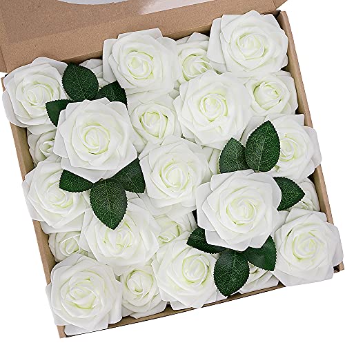 N&T NIETING Künstliche Blumen Rosen, 25 Stück Deko Blumen Fake Rosen mit Stielen DIY Hochzeit Blumensträuße Braut Zuhause Dekoration, Elfenbeinfarben von N&T NIETING