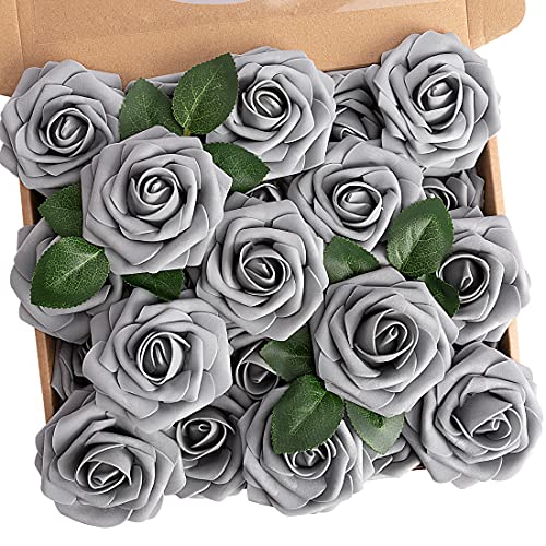 N&T NIETING Künstliche Blumen Rosen, 25 Stück Kunstblumen Gefälschte Rose mit Stielen DIY Hochzeit Blumensträuße Braut Zuhause Dekoration, Grau von N&T NIETING