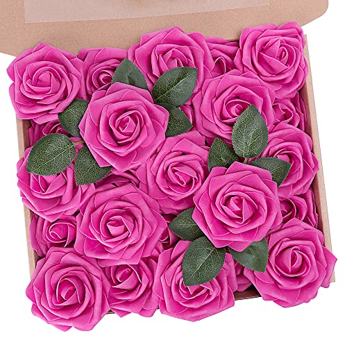 N&T NIETING Künstliche Blumen Rosen, 25 Stück Kunstblumen Gefälschte Rose mit Stielen DIY Hochzeit Blumensträuße Braut Zuhause Dekoration, Hot Pink von N&T NIETING